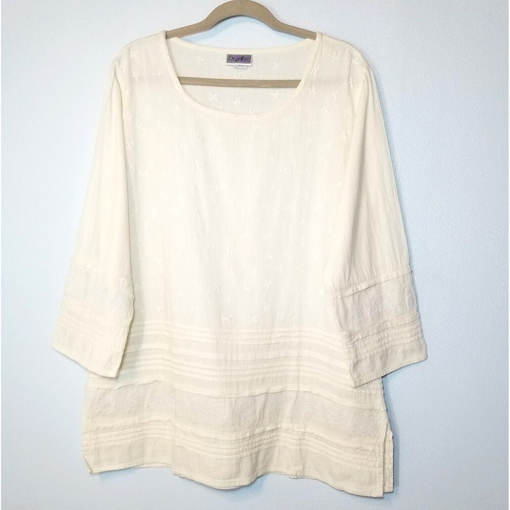 Eucalyptus Cotton Embroidered Long‎ Sleeve Pleated Hems Shift Dress Size Large